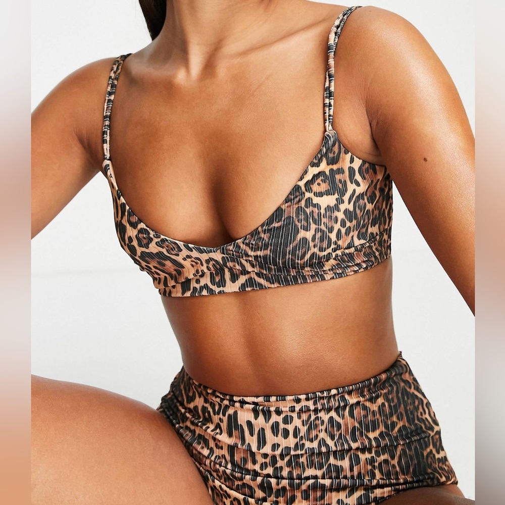 ASOS Ribbed lattice cropped Bikini & high waist bikini bottom set (leopard)